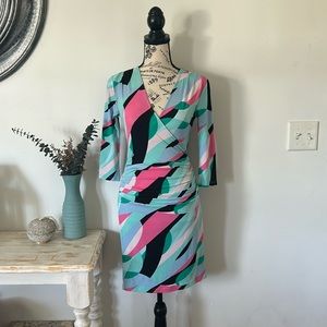 Jennifer Lopez Bright Geometric V Neck Body Con Dress Women's size XSP